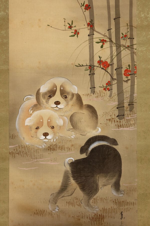 Peinture sur rouleau à suspendre 掛軸 (kakejiku) représentant trois chiots à la l… Vente aux encheres – Auction House – Commissaire-priseur – Auctioneer - Boisgirard Antonini – Paris – Nice