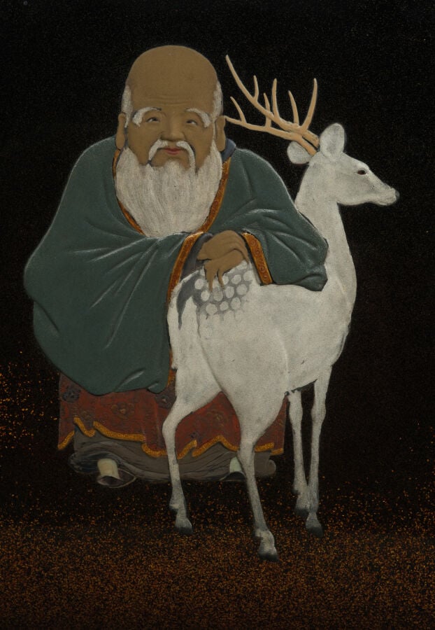 Suzuri'bako 硯箱 (boîte à écriture) laquée représentant Jurojin 寿老人, l'un des sep…