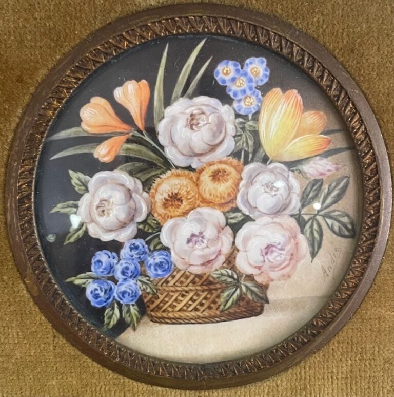 ANDRE - Paire de miniatures représentant des bouquets de fleurs - Signées en ba…