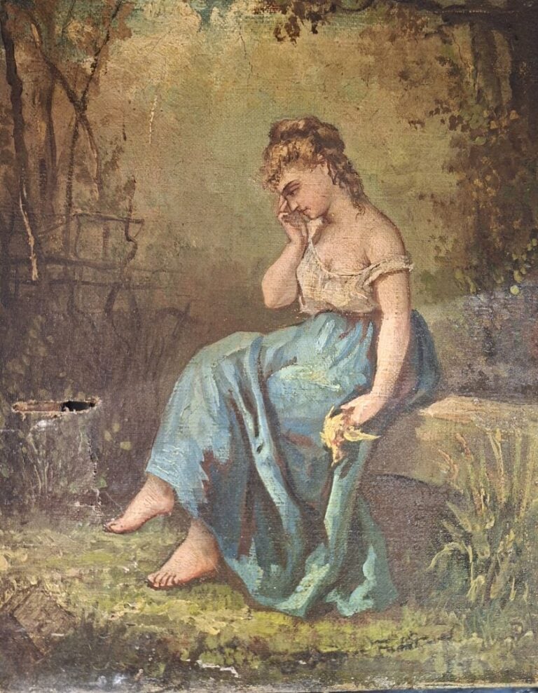 Ecole du XXe - Jeune fille pleurant un oiseau mort - Huile sur toile - 27x23 cm…