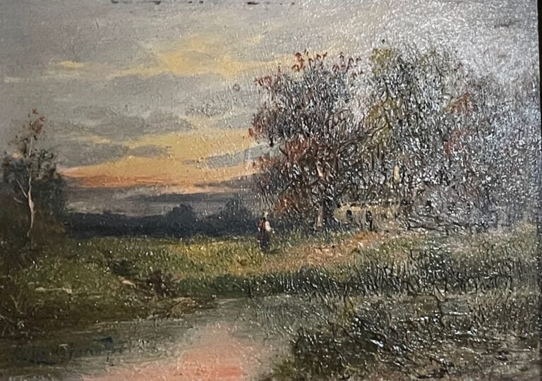 Ecole du XXe - Paysage normand à la bâtisse au toit de chaume - Huile sur bois…