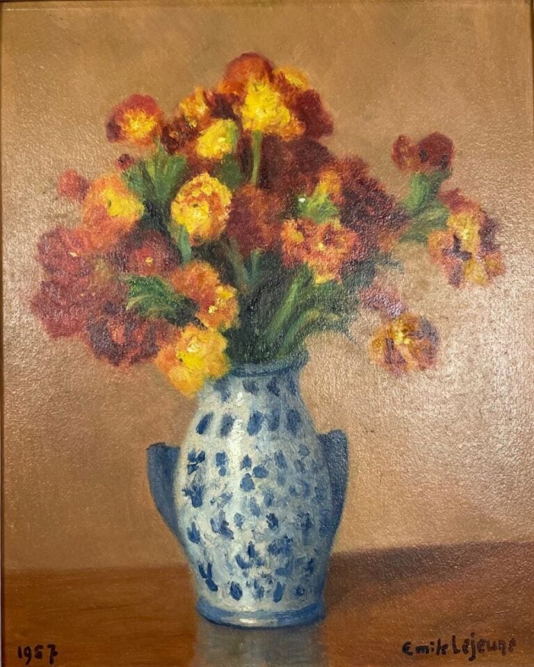 Émile LEJEUNE (1885-1964) - Bouquet de fleurs au vase bleu - Huile sur carton,…