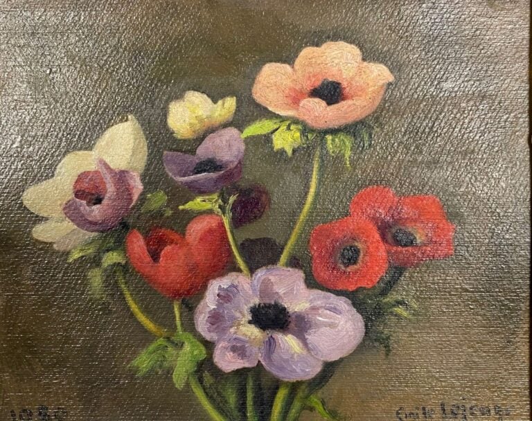 Emile LEJEUNE (1885-1964) - Bouquet de fleurs et coquelicots - Huile sur carton…
