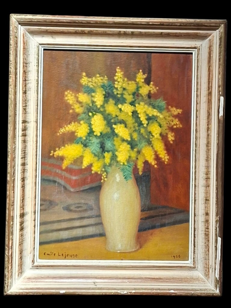 Émile LEJEUNE (1885-1964) - Bouquet de mimosas - Huile sur carton, signée en ba…
