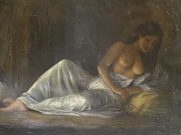 Lot de 2 huiles sur toile : - - "Jeune femme allongée" - Huile sur toile - 54 x…