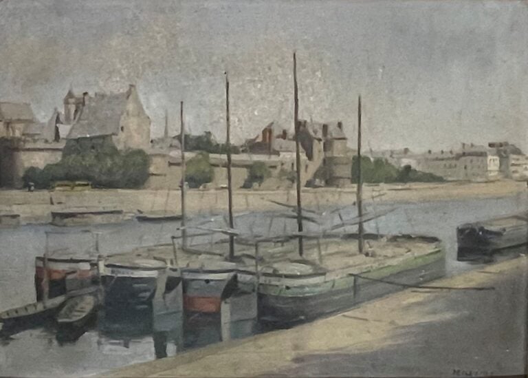 MAXIME (XXe) - Nantes, Quai Baco - Huile sur carton, signé en bas à droite - 28…