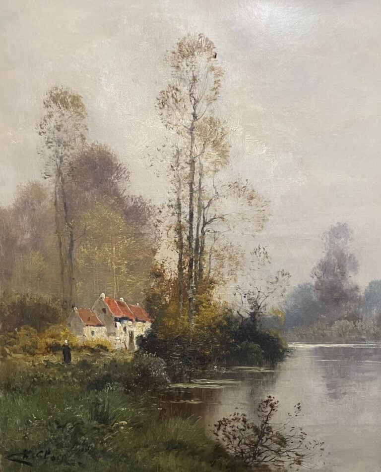 T. CLOIRET (?) - Maison au bord de lac - 66 x 50 cm - Huile sur toile - Signée…