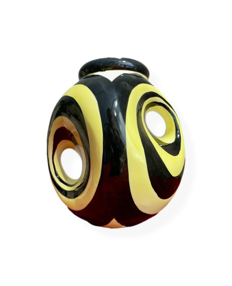 Vase moderniste ajouré en céramique émaillée jaune et noire - H : 24 cm