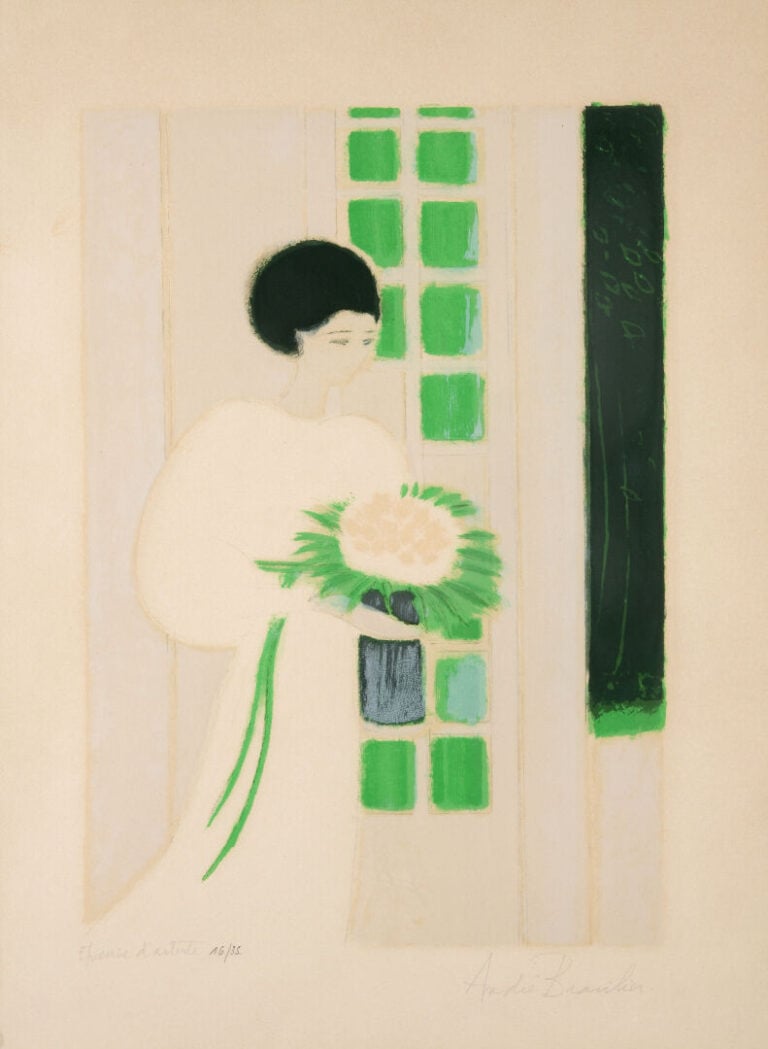 André BRASILIER (1929) - Femme au bouquet de fleurs blanches - Lithographie en…