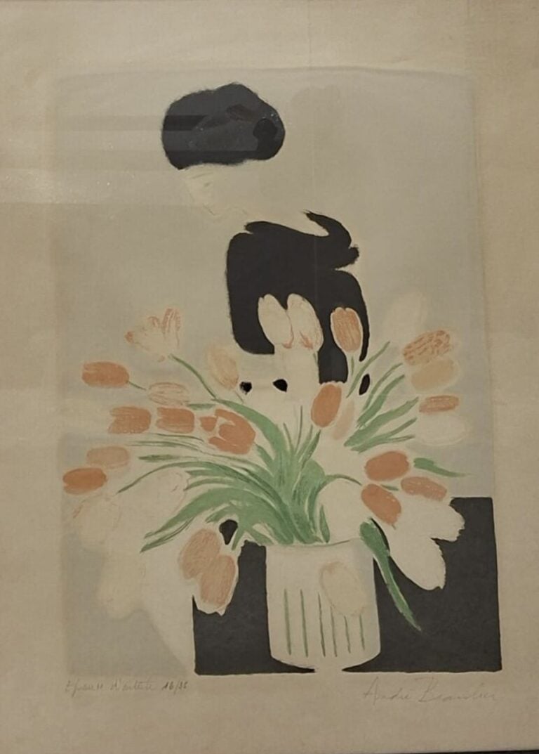 André BRASILIER (1929) - Femme au bouquet de tulipes - Lithographie en couleurs…