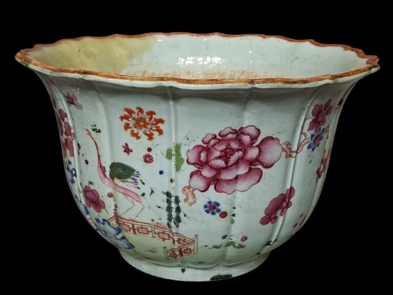 Jarre de jardin en porcelaine - Décor floral et bord doré - H 25 cm - D 40 cm