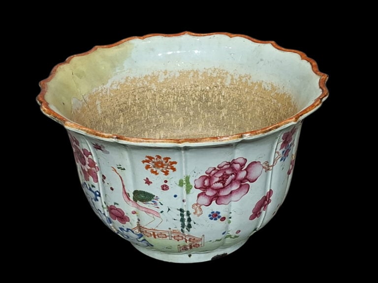 Jarre de jardin en porcelaine - Décor floral et bord doré - H 25 cm - D 40 cm