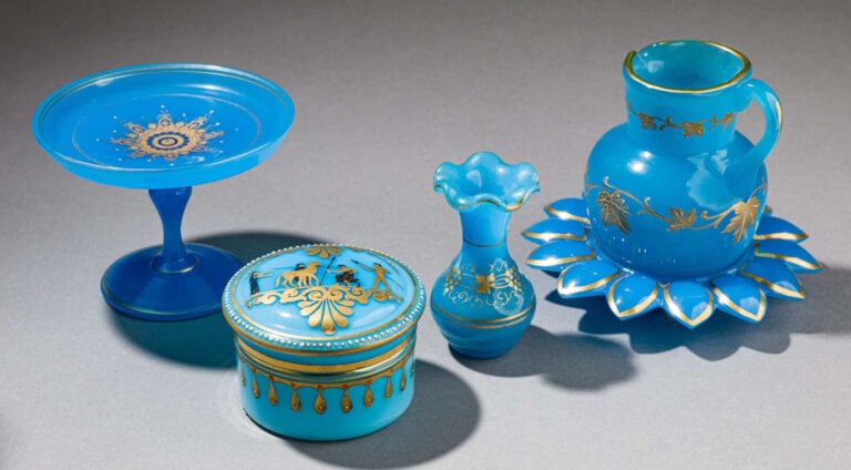 Lot de cinq objets en opaline bleue : - 1°/ Petit pichet à anse à décor de guir…
