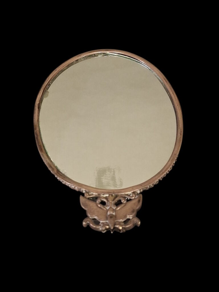 Miroir chinois - Argent incrustation de jade de Birmanie et cabochons de tourma…