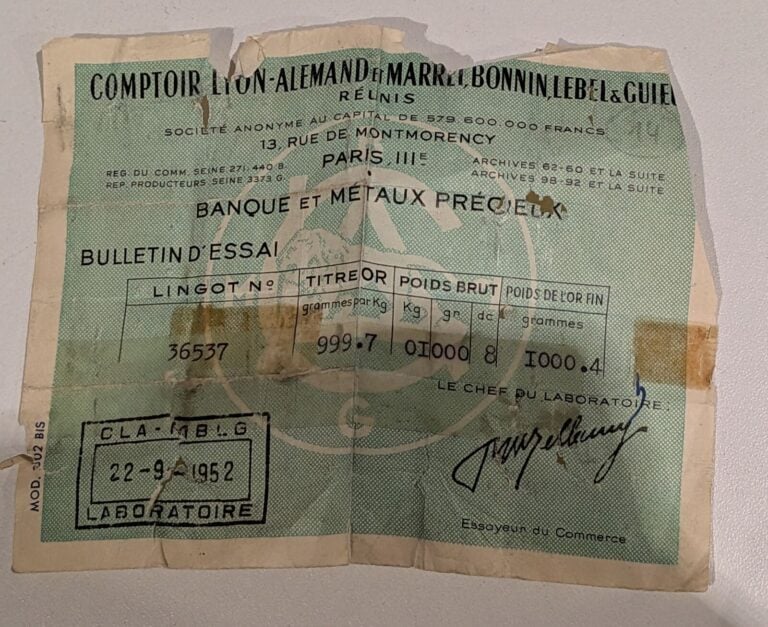Un lingot or n°36537 avec bulletin d'essai - 1000.84g