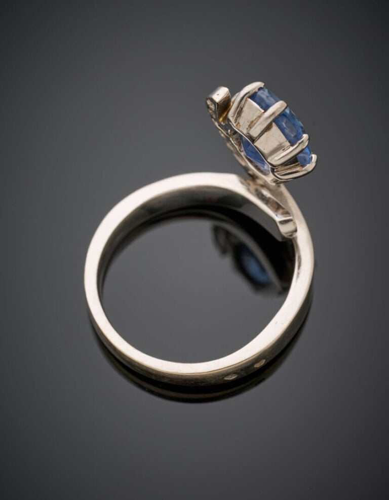 BAGUE "Duchesse stylisée" en or gris (750‰) partiellement serti d'un alignement…