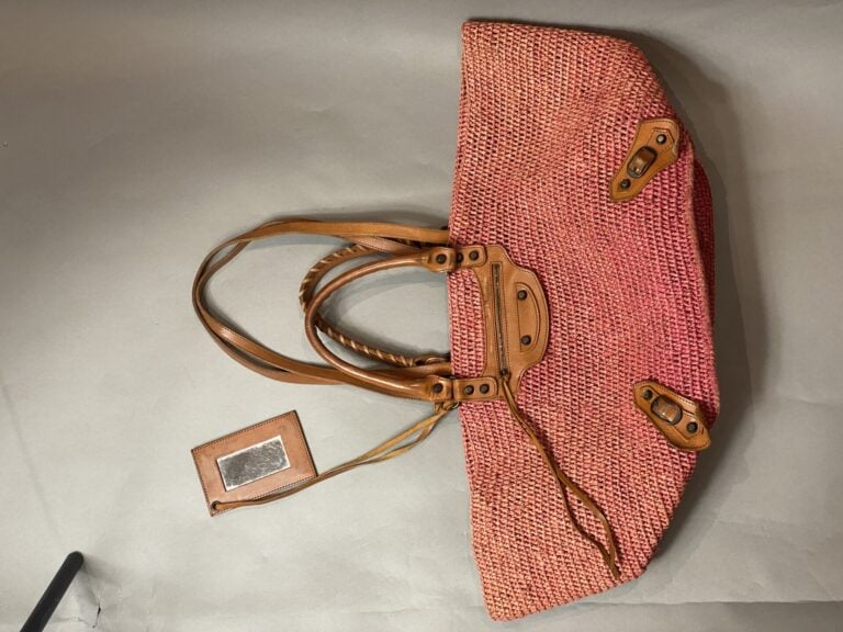 BALENCIAGA - Cabas en raffia rose et cuir naturel, double poignée et double ans…