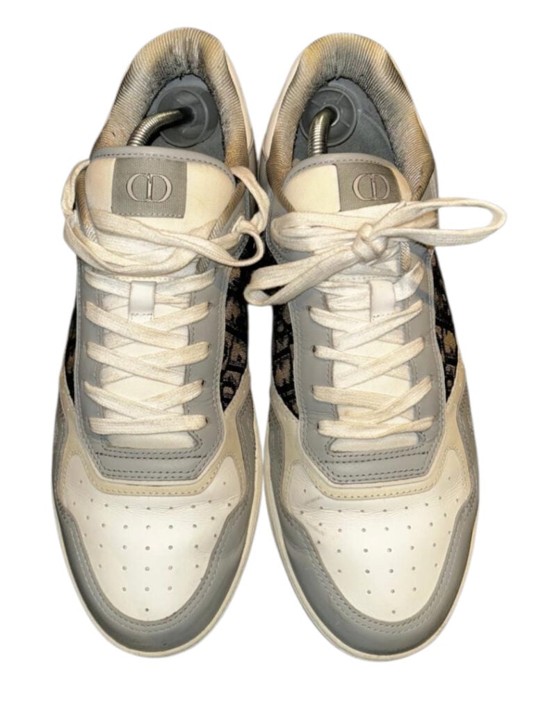 CHRISTIAN DIOR - Baskets basses « B27 » en cuir lisse gris et toile jacquard Di…