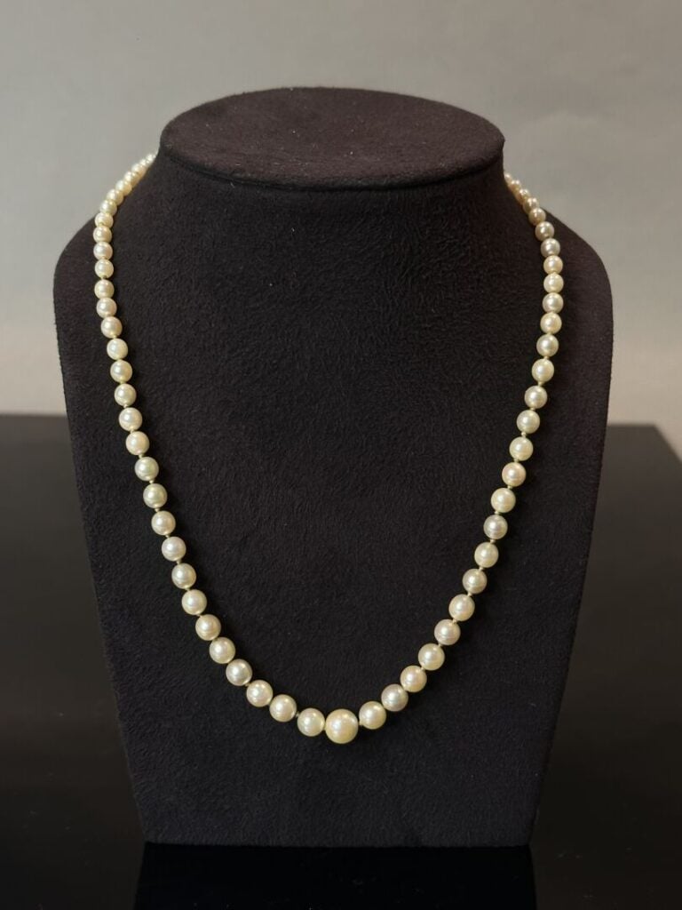 Collier de perles de culture en chute, fermoir en or gris (750) - Poids brut :…