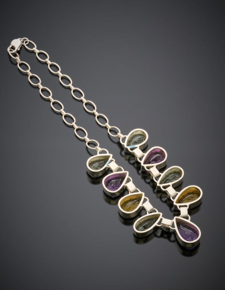 COLLIER "gouttes" en argent (925‰) orné de prasiolites, d'amethystes et de citr…