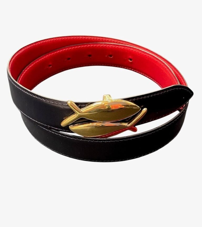 GEORGE FEGHALY - Ceinture réversible en cuir bleu marine et rouge, boucle dorée…