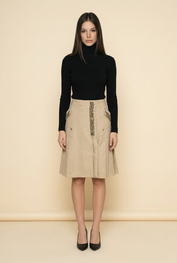 LA PERLA - Jupe midi en laine beige à plis, fermeture à boutons pression - Deux…