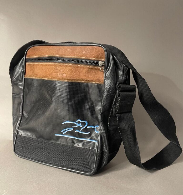 LONGCHAMP - Sacoche en bandoulière en toile noire et cuir marron, rehaussé du s…