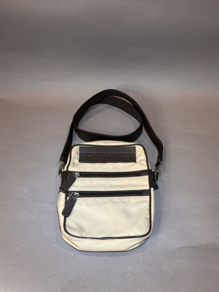 SONIA RYKIEL - Sacoche en bandoulière en tissu beige et cuir chocolat, deux poc…