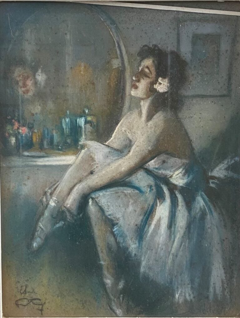 Ecole du XXe - La danseuse enfilant son chausson - Pastel sur carton - Signatur…