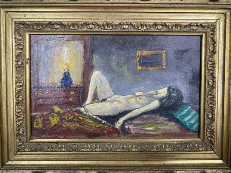 Ecole moderne - Femme nue allongée dans un intérieur - Huile sur panneau - Port…
