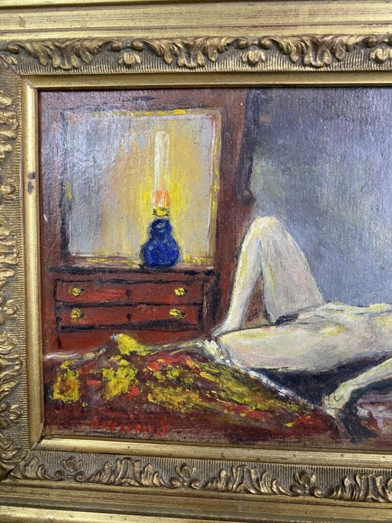 Ecole moderne - Femme nue allongée dans un intérieur - Huile sur panneau - Port…
