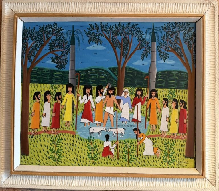 Jacksin MESIDOR (1941) - Baptême du Christ - Huile sur isorel - Signé en bas à…