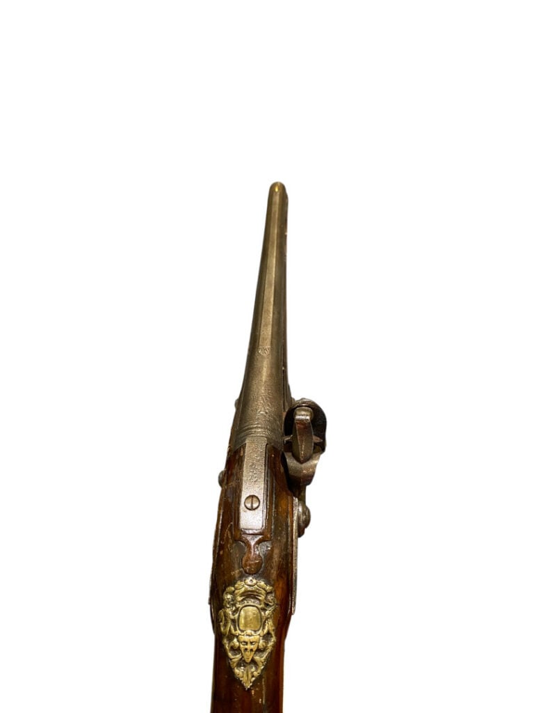 Long pistolet d'arçon à silex - Canon rond à méplats au tonnerre et à bande sur…