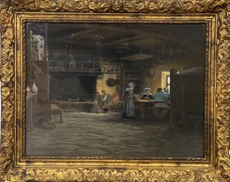 Mathurin JANSSAUD (1857-1940) - Intérieur breton - Pastel sur panneau, signé en…