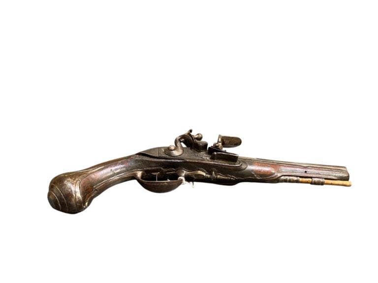 Pistolet à silex d'officier - Canon rond à pans au tonnerre. - Platine à corps…