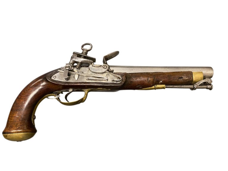 Pistolet à silex d'officier espagnol - Canon rond à pans au tonnerre. Platine à…