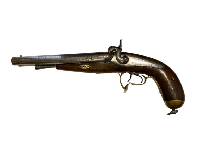 Pistolet double à percussion, de vénerie - Canons en table. Platines arrières e…