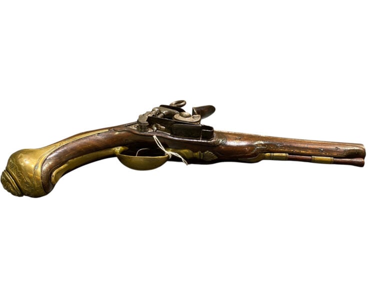 Pistolet espagnol à silex, d'officier - Canon rond, à pans au tonnerre, poinçon…