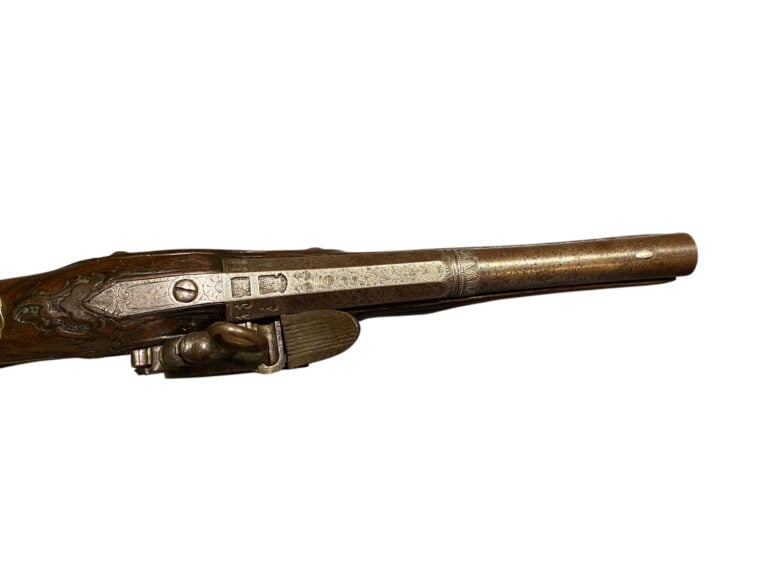 Pistolet espagnol à silex, d'officier - Canon rond, à pans au tonnerre, poinçon…