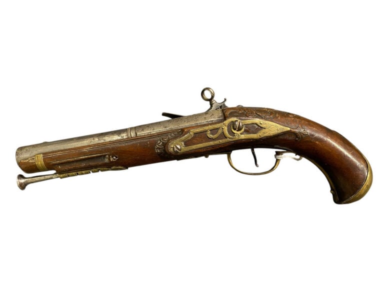 Pistolet italien à silex, d'officier - Canon rond, à pans au tonnerre. Queue de…