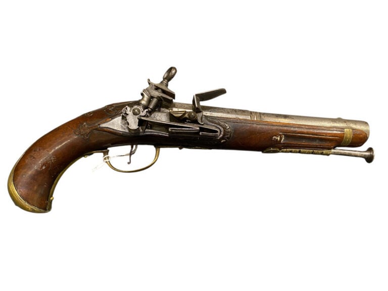 Pistolet italien à silex, d'officier - Canon rond, à pans au tonnerre. Queue de…