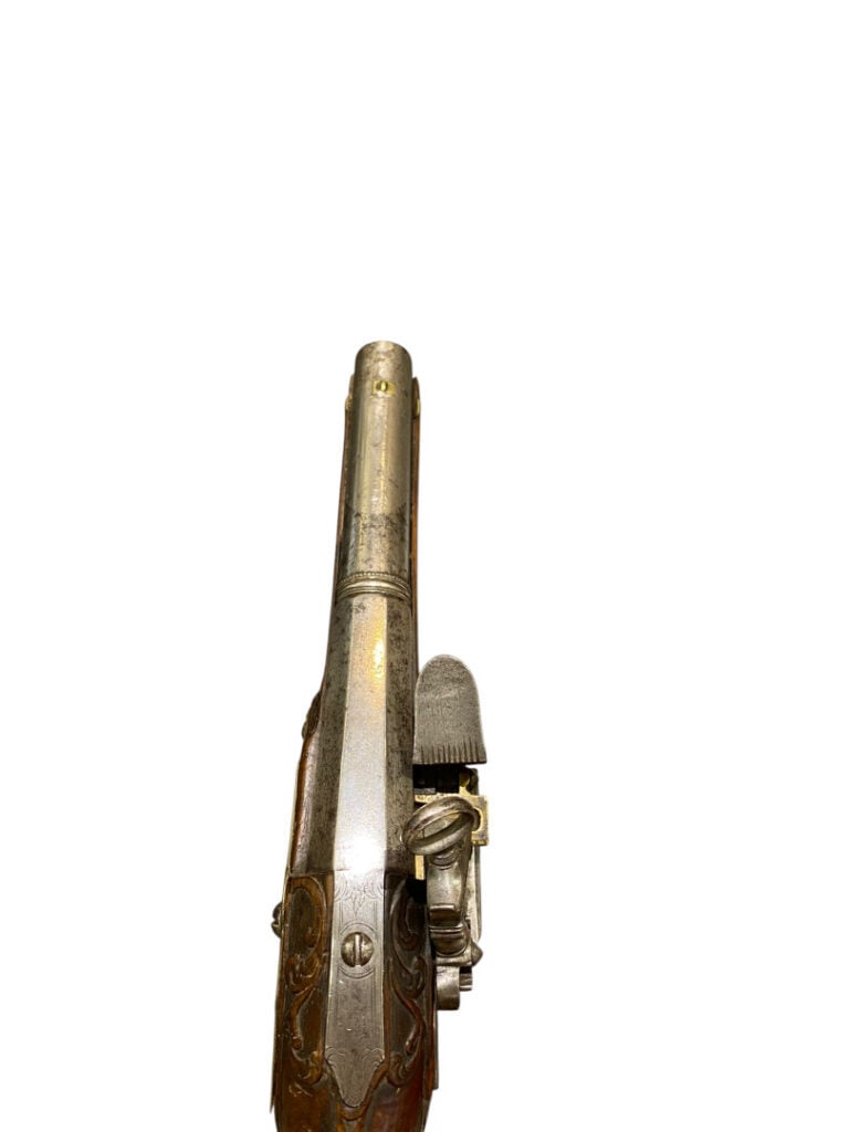 Pistolet italien à silex, d'officier - Canon rond, à pans au tonnerre. Queue de…