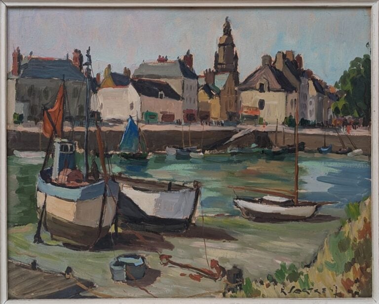 René SARTRE (1895-1983) - Chalutiers au sec, arrière-port du Croisic - huile su…