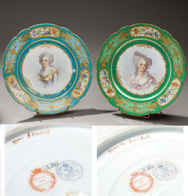 Sèvres. Deux assiettes à bord contourné, l'une ornée du portrait de Madame Elis…