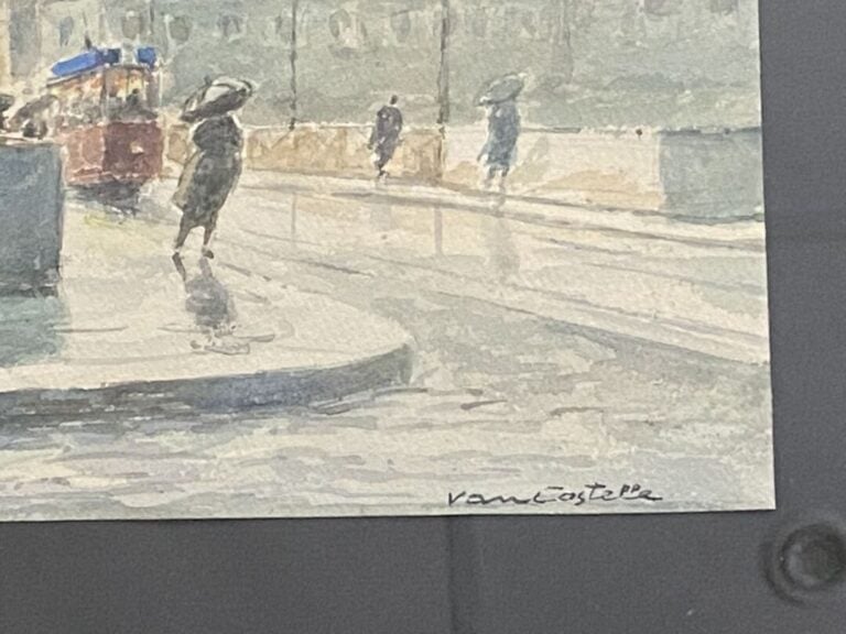 VAN COSTELLE - Scène de rue animée sous la pluie - Aquarelle, signée en bas à d…