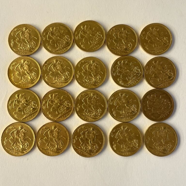10 souverains anglais type Edouard VII en or (1905, 1903, 1908, 1909, 1904, 190…