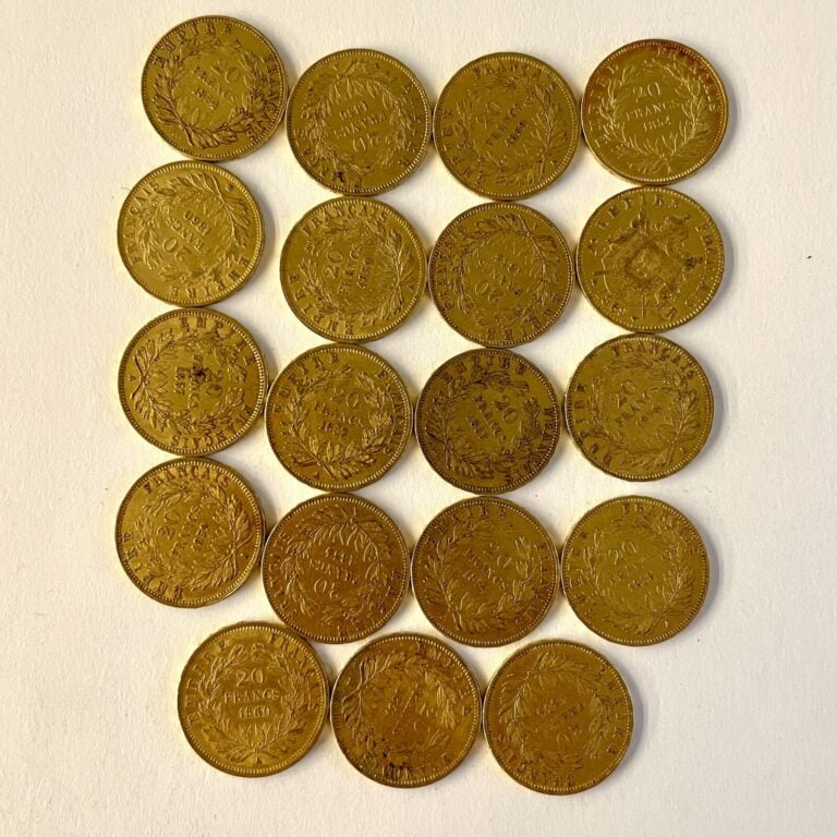 19 pièces de 20 Francs or Napoléon III (1857,1856,1859,1869,1854,1855,1860). Po…