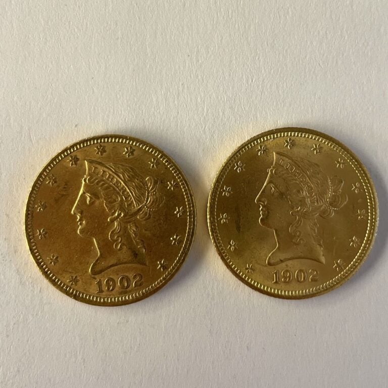 2 pièces de 10 dollars or Lady Liberty 1902 Poids : 33.42 g