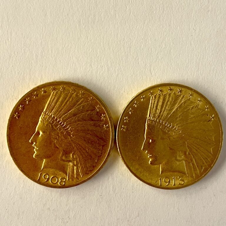 2 pièces de 10 dollars or tête d'Indien (1908 et 1913). Poids : 33.40 g