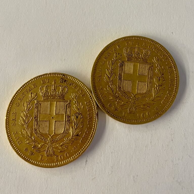 2 pièces de 100 lires italiennes Royaume de Sardaigne. Charles-Albert 1834 et 1…